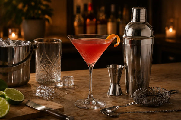 Cocktail préparé au shaker avec kit cocktail inox, doseur, passoire et accessoires de bar