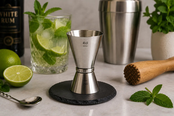 Doseur cocktail en inox avec marquage 2 cl et 4 cl pour préparer des cocktails maison