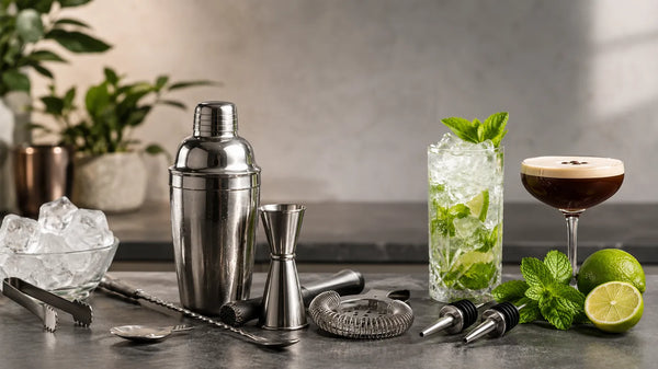 Matériel barman avec shaker, doseur, pilon, passoire et cocktails maison