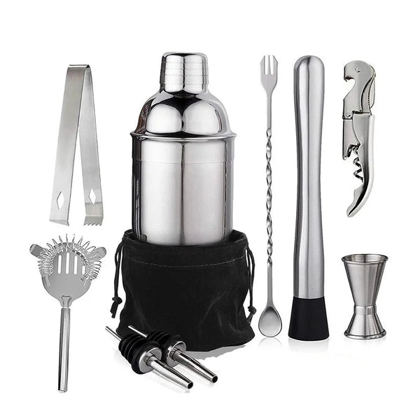 Kit cocktail 10 pièces complet avec shaker, doseur, pilon, cuillère et accessoires sur fond blanc