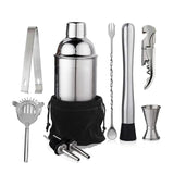 Kit cocktail 10 pièces complet avec shaker, doseur, pilon, cuillère et accessoires sur fond blanc