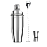 Kit cocktail 3 pièces avec shaker, cuillère de bar et doseur jigger sur fond blanc