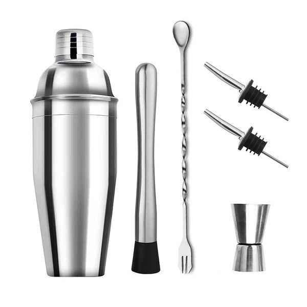 Kit cocktail 6 pièces avec shaker, doseur, pilon, cuillère et accessoires sur fond blanc