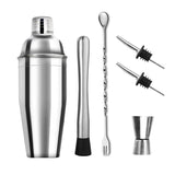Kit cocktail 6 pièces avec shaker, doseur, pilon, cuillère et accessoires sur fond blanc