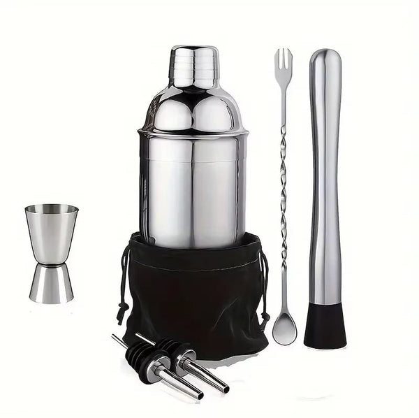 Kit cocktail 7 pièces avec shaker, accessoires de bar et housse de rangement sur fond blanc