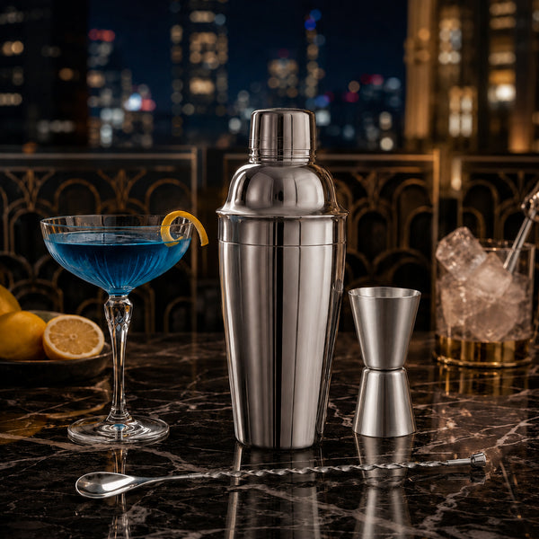 Kit cocktail complet avec shaker, jigger et cocktail bleu dans un décor chic avec vue nocturne